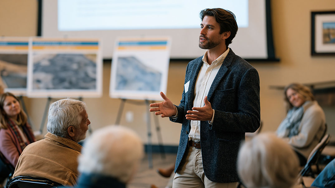 Community leader speaking with residents at a public meeting.