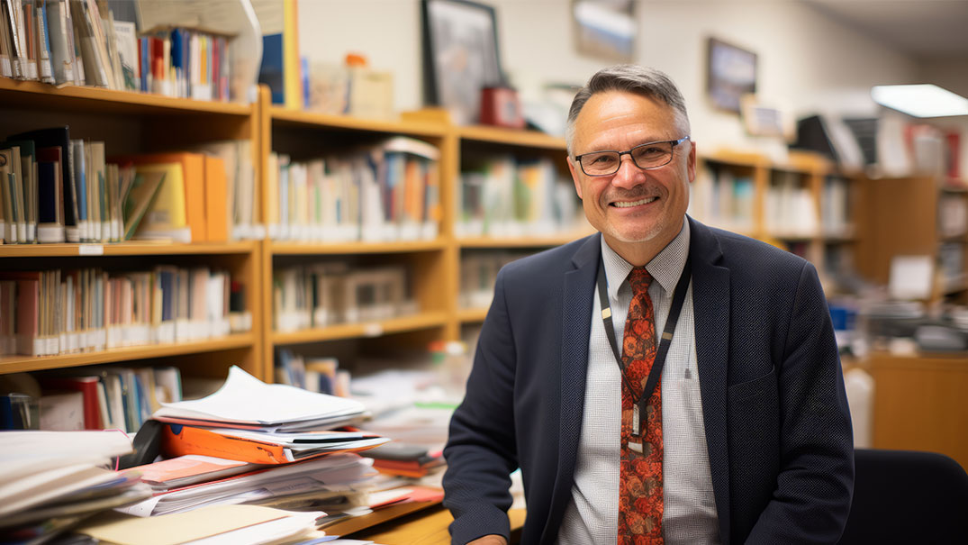 Educational leader sitting in his office.
