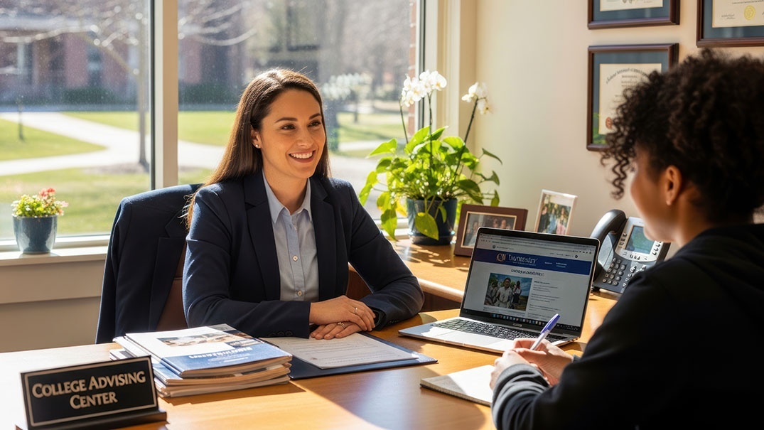 Academic advisor meeting with a student in a college advising office.