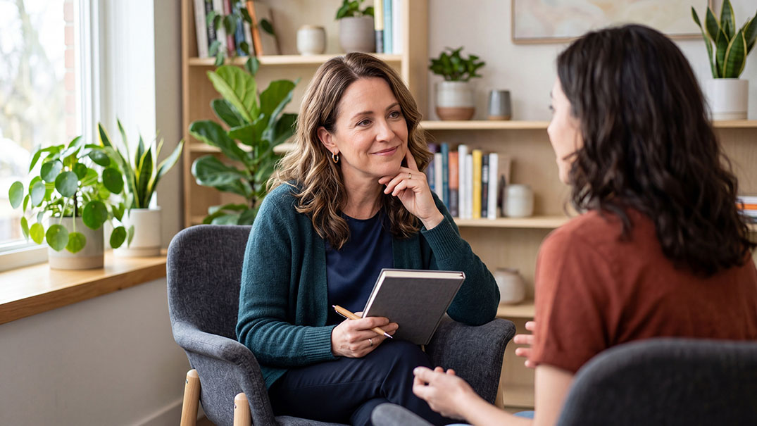 Psychologist meeting with a client in a counseling session.